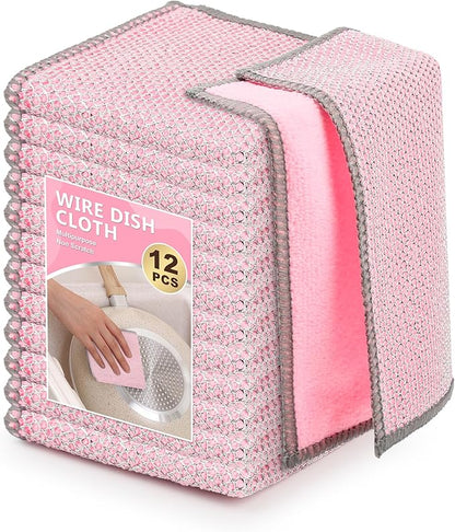 12Pack Upgrade Multipurpose Wire Dishwashing Rags, Dual-Side Non Scratch Wire Dishcloth, for Wet and Dry Use, Reusable Metal Scrubbing Microfiber Clean Cloths for Home/Kitchen/Stove(Pink)