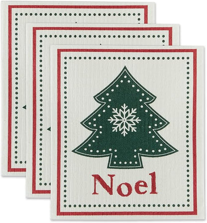 DII Swedish Dishcloths for Kitchen & Cleaning, Reusable, Machine Washable & Dishwasher Safe, Biodegradable, 7.75 x 6.75, Noel Tree, 3 Piece