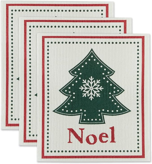 DII Swedish Dishcloths for Kitchen & Cleaning, Reusable, Machine Washable & Dishwasher Safe, Biodegradable, 7.75 x 6.75, Noel Tree, 3 Piece