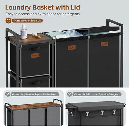 Hoctieon 4 Section Laundry Cart, 48 Gal. (182L) Laundry Hamper with Lid, Laundry Basket with Wheels, Rolling Laundry Sorter Organizer with Shelf, Clothes Separator with Removable Bags, Black