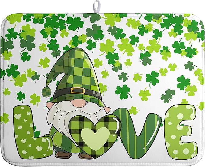 St Patrick's Day Gnomes Dish Drying Mat Shamrock Green Spring Kitchen Dish Drying Pad Absorbent Dish Dryer Mat for Kitchen Countertops Microfiber Dishes Drainer Pad Dish Drying Rack Mat (18x24 in)