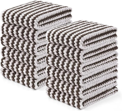 Homaxy Kitchen Towels(12 Pack, 10 x 20 inches), Ultra Soft and Absorbent Dish Towels, Reusable Fast Drying Microfiber Cleaning Cloth, Coral Velvet Wave Design No-lint, Brown