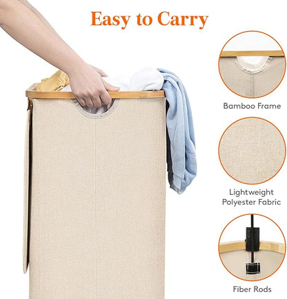 Lifewit 110L Laundry Basket with Lid, Clothes Hampers for Laundry with Bamboo Handles and 1 Removable Bag, Large Foldable Laundry Hamper for Bedroom, Bathroom, Dorm, Laundry Room, Beige