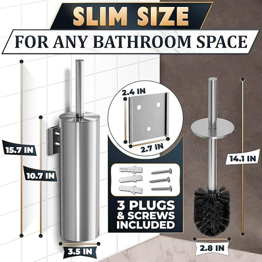 Silver Modern Toilet Brush and Holder Set with Wall Mount - Stainless Steel Toilet Brush with Holder - Removable Inner Bowl, Shiny Design, Splash Protection & Dense Bristles for Bathroom Cleaning