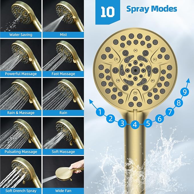 Hibbent All Metal cUPC Certified Shower Head, 10'' High Pressure Rain Shower Head, Handheld Showerhead Combo with 16'' Adjustable Extension Arm, 10 Sprays, 71'' Hose, Shower Holder, Brushed Gold