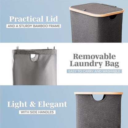 LONBET Laundry Basket with Lid, Made from Breathable Fabric | Aesthetic Clothes Hampers for Laundry with Side Handles & Sturdy Bamboo Frame (26 Gallons - Single, Gray)
