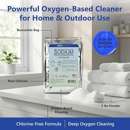 Sodium Percarbonate Powder 5 lbs – Non-Chlorine Oxygen Bleach Alternative & Stain Remover – Multi-Purpose Cleaner for Laundry, Carpets, Tile, Decks, Kitchens & Outdoor Surfaces
