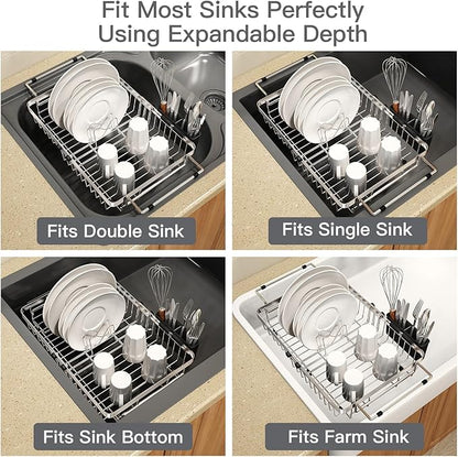 MAJALiS Expandable Stainless Steel Over The Sink Dish Drying Rack for Small Kitchen Counter Space Saving, Compact RV Plate Drainer Strainer in Silver Wire Metal with Hanging Adjustable Utensil Holder
