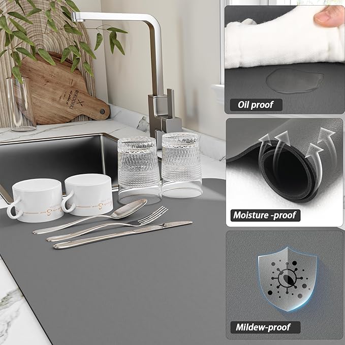 HotLive Dish Drying Mat for Kitchen Counter, Heat Resistant Drainer Mats with Non-slip Rubber Backed, Hide Stain Kitchen Super Absorbent Draining Mat, Easy to Clean Dish Rack Pad, Dark Grey 18"x32"