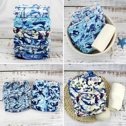 Mama Koala 3.0 Pocket Cloth Diapers for Babies with AWJ Lining, 6 Pack with 6 4-Layer Natural Cloth Diaper Inserts - Reusable and Washable Pocket Diapers(Whales)