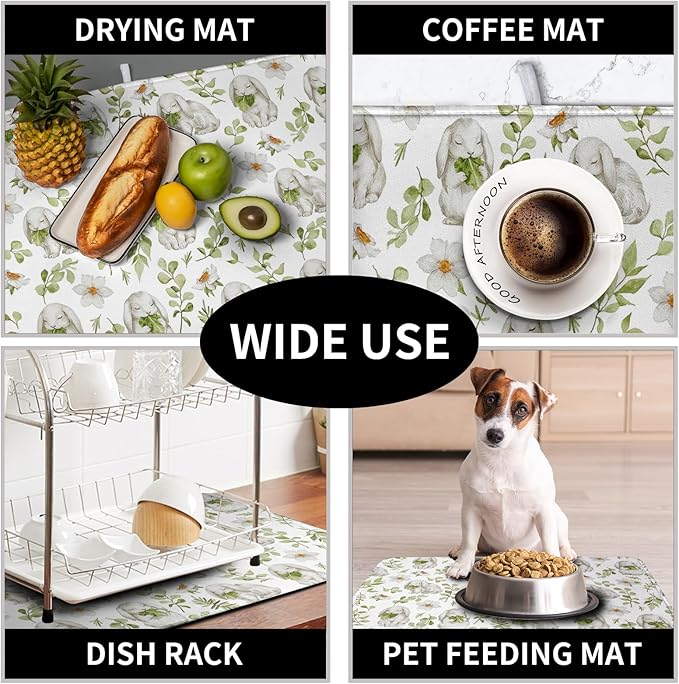 Easter Bunny Floral Drying Mat for Kitchen Counter Spring Easter Rabbits Green Leaves Dry Dish Mat Absorbent Microfiber Dish Draining Washable Dish Drainer Rack Mat 16x18 Inch