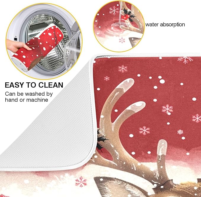 Christmas Reindeer Dish Drying Mat for Kitchen Countertop 18x24 Winter Snowflake Red Xmas Large Drying Mat Reusable Quick Dry Dish Sink Mats Easy Clean Decorative Essentials