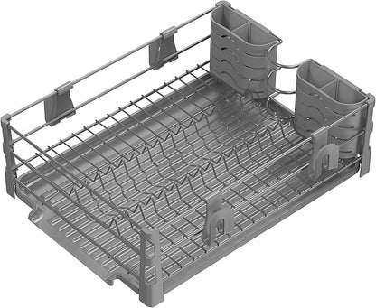 Simple Houseware Dish Drying Rack with Drainboard, Utensil Holder & Mug Hooks, Silver Metal Kitchen Counter Organizer