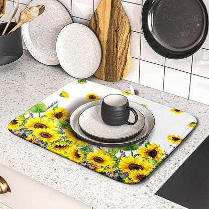 Sunflower Dish Drying Mat for Kitchen Counter 18x16 Inch Floral Lavender Drying Mat with Absorbent Reversible Microfiber Season Spring Summer Dish Drainer Mats Rack Pad for Coffee Countertop Protector