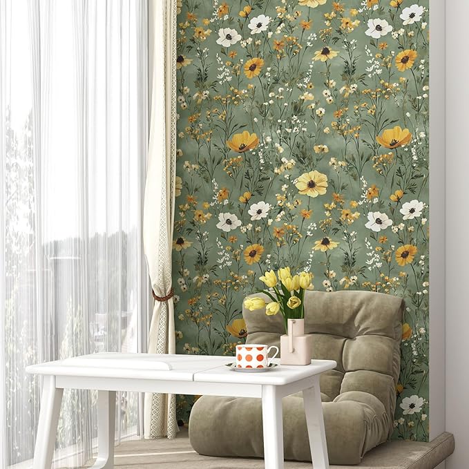 Laatse Vintage Daisy Wallpaper Peel and Stick, Green Yellow Floral Contact Paper, Botanical Wall Paper Self Adhesive Removable Waterproof for Bathroom Bedroom Shelf Cabinet Drawer Table 17.5" x 118"