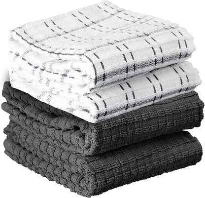 Ritz Royale Collection 100% Combed Terry Cotton, Highly Absorbent, Kitchen Towel Set, 13-3/4" x 12", 4-Pack, Solid & Checked, Graphite