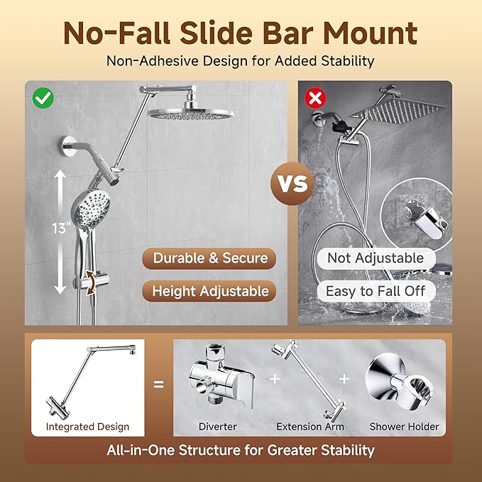 BRIGHT SHOWERS Rain Shower Head with Handheld Spray, High Pressure Dual Shower Head Combo, Adjustable Extension Arm & Slide Bar, 9 Spray Modes Built-in Power Wash, 3-Way Diverter, 69" Hose, Chrome