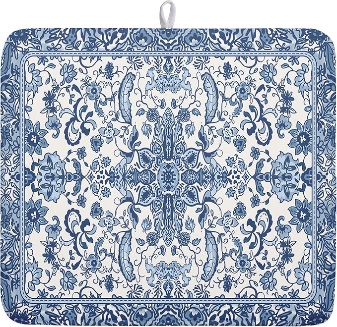 Chinoiserie Floral Dish Drying Mat for Kitchen Counter Blue and White Flowers Pattern Dish Drying Pad 16”x18”Absorbent Reversible Seasonal Decor Dishes Drainer Pad Dish Dry Rack Mat for Counter top