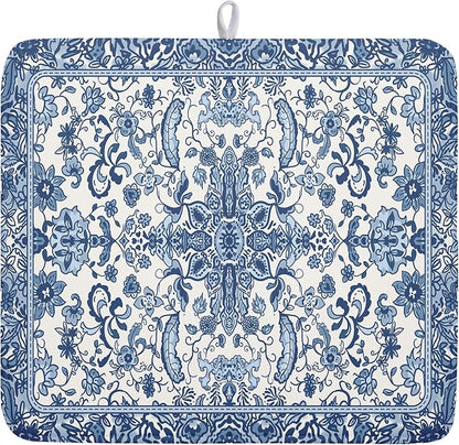 Chinoiserie Floral Dish Drying Mat for Kitchen Counter Blue and White Flowers Pattern Dish Drying Pad 16”x18”Absorbent Reversible Seasonal Decor Dishes Drainer Pad Dish Dry Rack Mat for Counter top