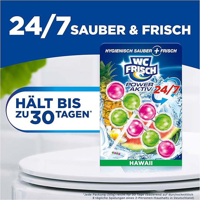 WC Frisch Kraft Active Fragrance Rinser Hawaii (2 x 50 g), Toilet Cleaner for Cleaning with Every Flush, Fragrance Stones for Long-Lasting Fresh Fragrance, + 50% Anti-limescale Effect