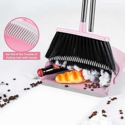 Broom and Dustpan Set, Broom Dustpan Combo Set for Home Commercial Cleaning Supplies Angle Broom with Long Handle Perfect for Courtyard Garage Street (Small-Pink)