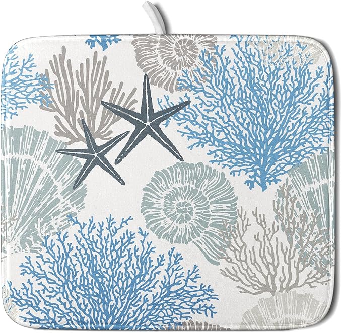 Coastal Blue Gray Dish Drying Pad 16 x 18 Inch With Absorbent Reversible Microfiber Starfish Seashell Coral Nautical Summer Drying Mats Dish Drainer Mat Fast Dry For Kitchen Dining Room Decoration