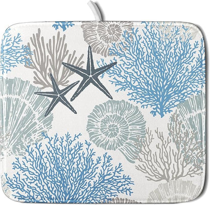Coastal Blue Gray Dish Drying Pad 16 x 18 Inch With Absorbent Reversible Microfiber Starfish Seashell Coral Nautical Summer Drying Mats Dish Drainer Mat Fast Dry For Kitchen Dining Room Decoration