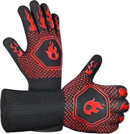 BBQ Grill Gloves : 1472 ℉ High Temp Resistance Fireproof Glove for Grilling Barbecue - Washable Long Silicone Oven Mitts Extreme Hot Proof Mittens for Kitchen Cooking Baking