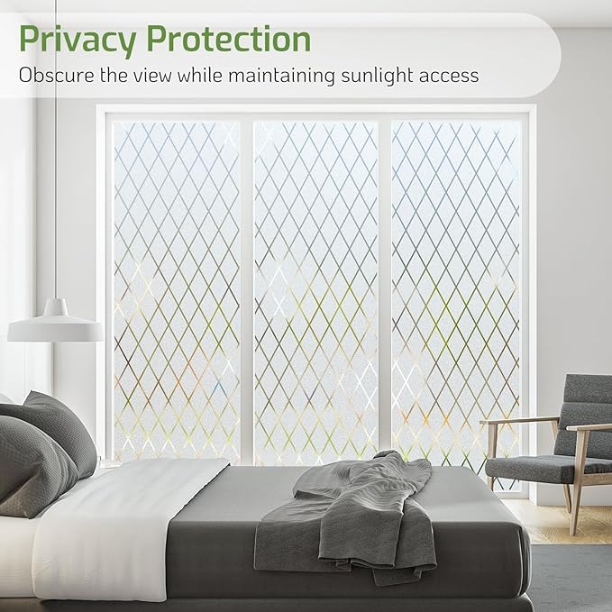 LUTE Frosted Glass Window Privacy Film, Static Cling Non-Adhesive Heat Control Window Cover, Removable Decorative Frosting Decals for Home Office, Lattice Pattern, 17.5" x 118.1"