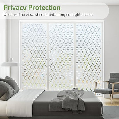 LUTE Frosted Glass Window Privacy Film, Static Cling Non-Adhesive Heat Control Window Cover, Removable Decorative Frosting Decals for Home Office, Lattice Pattern, 23.6" x 157.4"