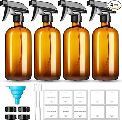 GIVAMEIHF 16oz Amber Glass Spray Bottles,4 Pack Glass Spray Bottles Refillable Empty Bottle with Adjustable Nozzle,Spray Bottle for Cleaning,Essential Oils,Cleaning,Pets,Plant, Hair Mister