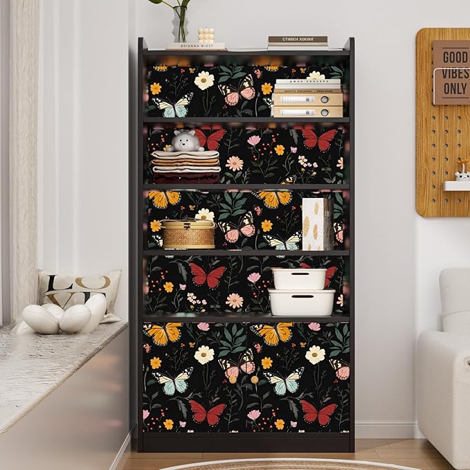 Dark Butterfly Wallpaper Peel and Stick, Vintage Black Butterfly Floral Self Adhesive Removable Wall Paper for Nursery Bedroom Cabinet, Vinyl Boho Colorful Contact Paper Decor 17.5In x 118In