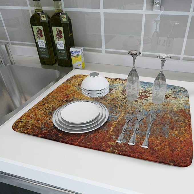 Brown Rust Colorful Metal Rusty Steel Iron Dish Drying Pad 18 x 24 Inch With Absorbent Reversible Microfiber Modern Abstract Drying Mats Dish Drainer Mat Fast Dry For Kitchen Dining Room Decor
