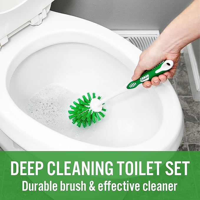 Tribello LIBMAN Toilet Brush and Holder Set with Toilet Bowl Cleaner - Bathroom Cleaner Set - Bathroom Cleaning Supplies - Includes: Bowl Brush, Fast Drying Caddy, 32 fl. oz. Stain Remover Soap