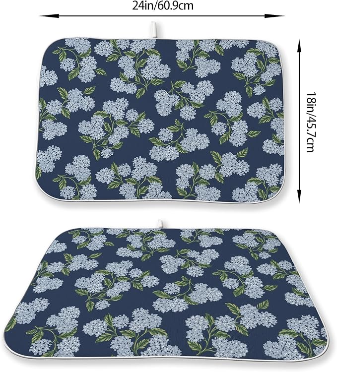 Navy Blue Dish Drying Mat 18x24 Inch Blue Green Vintage Floral Hydrangea Flower Drying Mat Spring Summer Seasonal Absorbent Dish Drying Pad Dish Rack Drainer Mats for Kitchen Dining Counter