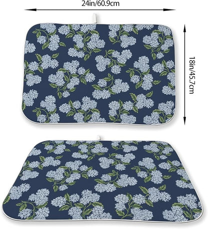 Navy Blue Dish Drying Mat 18x24 Inch Blue Green Vintage Floral Hydrangea Flower Drying Mat Spring Summer Seasonal Absorbent Dish Drying Pad Dish Rack Drainer Mats for Kitchen Dining Counter