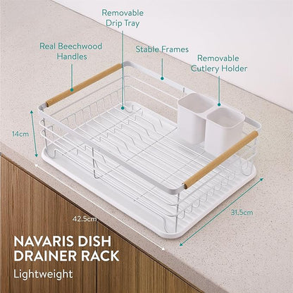 Navaris Dish Drainer Rack - Plate, Silverware, Pots and Pans - Dish Rack with Beechwood Handles - Metal Dish Drying Rack for Kitchen Counter - Modern Retro Design Dish Rack - White