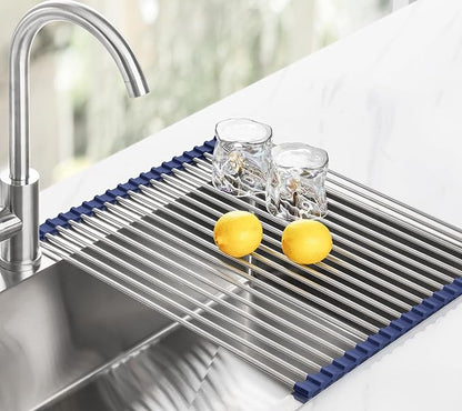 Tomorotec 21" x 15.5" Roll Up Dish Drying Rack Over Sink Drying Rack Sink Cover Kitchen Sink Accessories Gadget Multipurpose Organizer Foldable Stainless Steel Drainer
