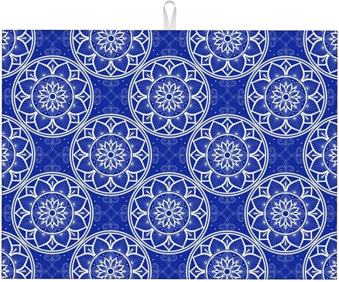 Chinoiserie Blue White Porcelain Dish Drying Mats for Kitchen Counter Sink, Absorbent Microfiber Drying Pad for Dishes, Washable Foldable Chinoiserie Kitchen Mat for Dining Area, Home Decor, 18" x 24"