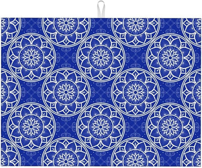 Chinoiserie Blue White Porcelain Dish Drying Mats for Kitchen Counter Sink, Absorbent Microfiber Drying Pad for Dishes, Washable Foldable Chinoiserie Kitchen Mat for Dining Area, Home Decor, 18" x 24"