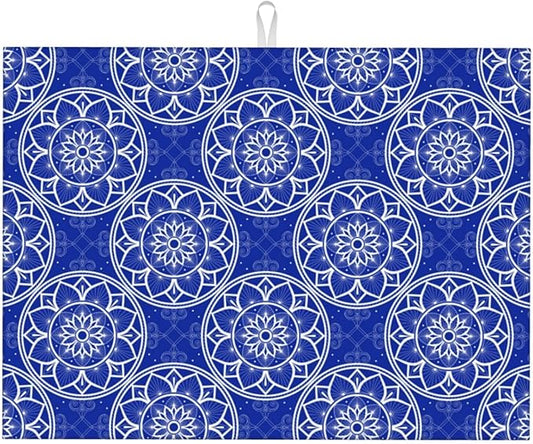 Chinoiserie Blue White Porcelain Dish Drying Mats for Kitchen Counter Sink, Absorbent Microfiber Drying Pad for Dishes, Washable Foldable Chinoiserie Kitchen Mat for Dining Area, Home Decor, 18" x 24"