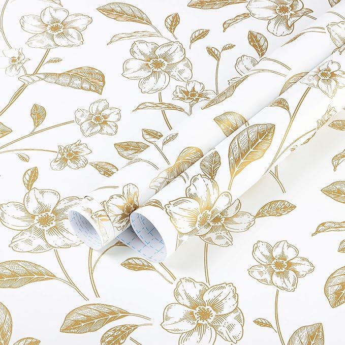 Heroad Floral Wallpaper Peel and Stick White and Gold Contact Paper Boho Peel and Stick Modern Clearance Wall Paper for Cabinets and Drawers Waterproof Self Adhesive 17.3" x 336"