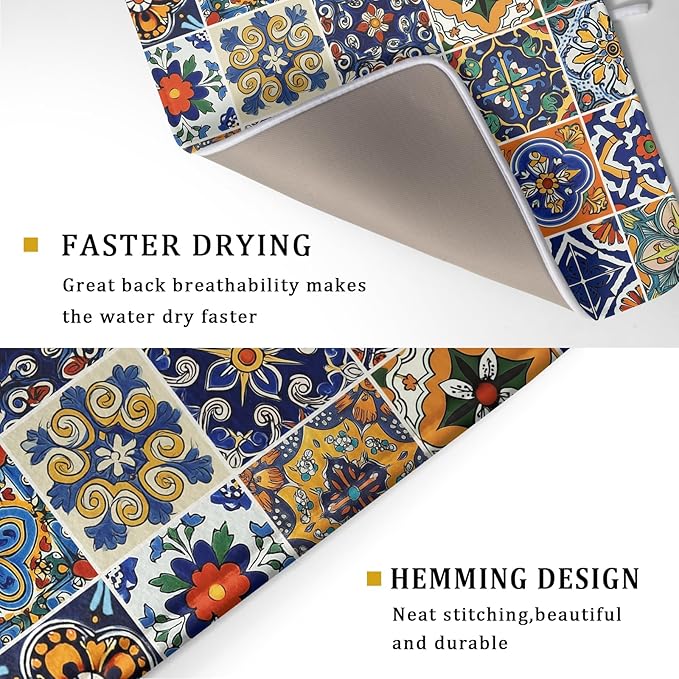 Talavera Mexican Tiles Dish Drying Mat for Kitchen Counter 18x24 Inch Mexican Flower Decorations Dish Draining Mat Mexican Tilt Fast Absorbent Tableware Dishes Pad for Coffee Bar Countertop