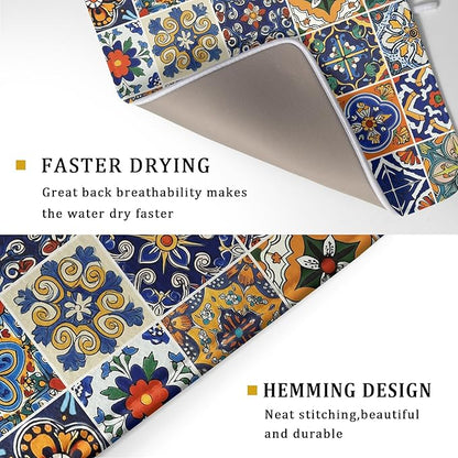Talavera Mexican Tiles Dish Drying Mat for Kitchen Counter 16x18 Inch Mexican Flower Decorations Dish Draining Mat Mexican Tilt Fast Absorbent Tableware Dishes Pad for Coffee Bar Countertop
