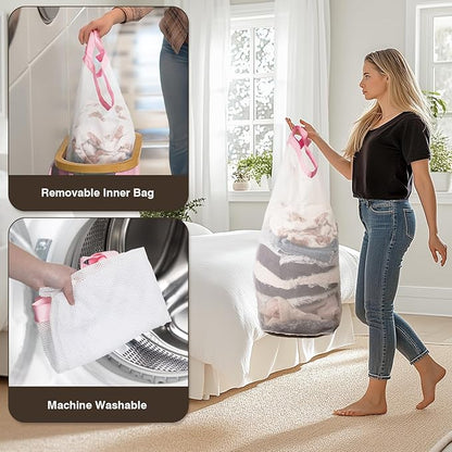 Slim Laundry Hamper with Lid, 60L Small Laundry Basket with Handles&Removable Bag, Thin Dirty Clothes Hampers for Laundry, Narrow Laundry Hampers for Bedroom Aesthetic, Pink