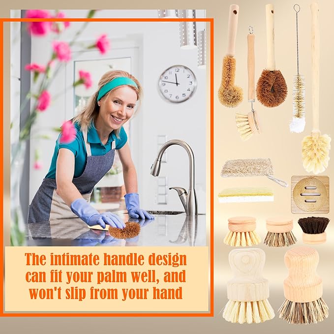 15 Pcs Bamboo Dish Brush Set with 65 Ft Hemp Rope Wooden Palm Pot Brush Sisal Bristles Natural Cup Scrubber Loofah Sponge Draining Tray for Pans, Bottle, Sink Kitchen Cleaning