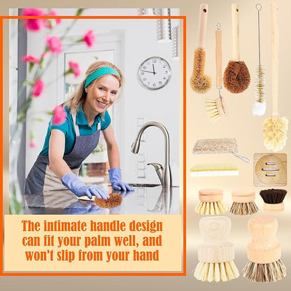 15 Pcs Bamboo Dish Brush Set with 65 Ft Hemp Rope Wooden Palm Pot Brush Sisal Bristles Natural Cup Scrubber Loofah Sponge Draining Tray for Pans, Bottle, Sink Kitchen Cleaning