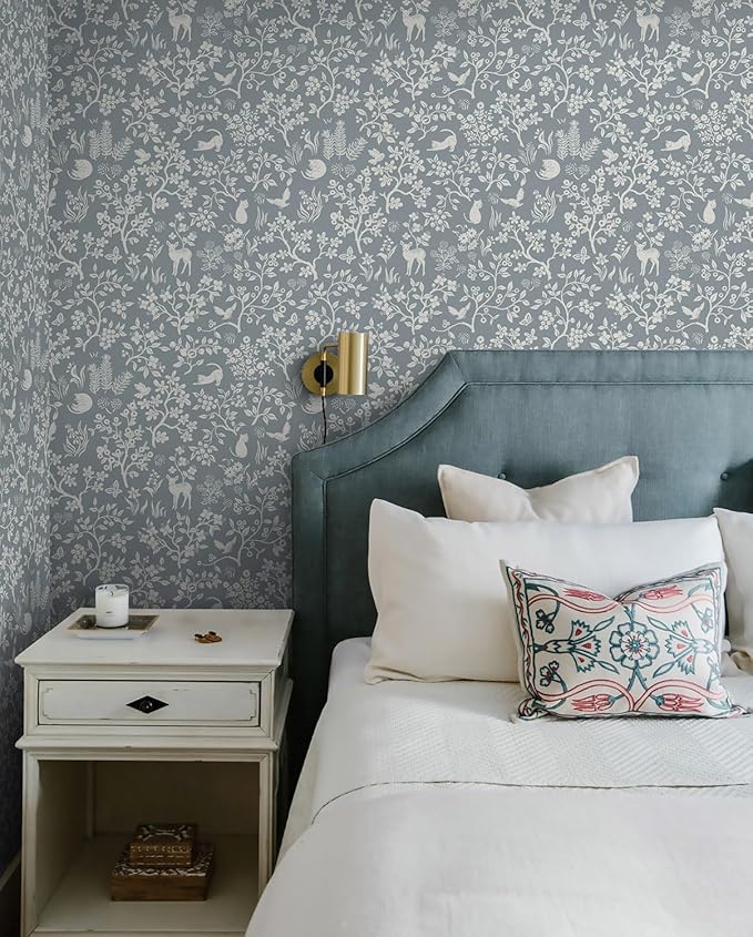 Timeet Peel and Stick Wallpaper Grey Floral Wallpaper 16.14"x118.11" Cats/Birds/Trees Contact Paper Modern Flower Wall Paper Self Adhesive Removable for Walls Covering