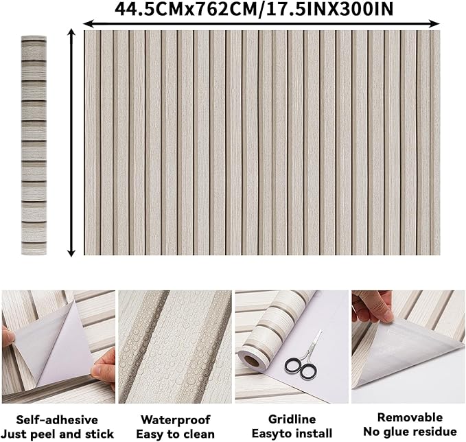 Wood Slat Wallpaper - Peel & Stick Self-Adhesive (17.5" x 300"), Wood Effect Contact Paper for Walls, Easy DIY Wall Covering for Bedroom, Living Room, and Feature Walls