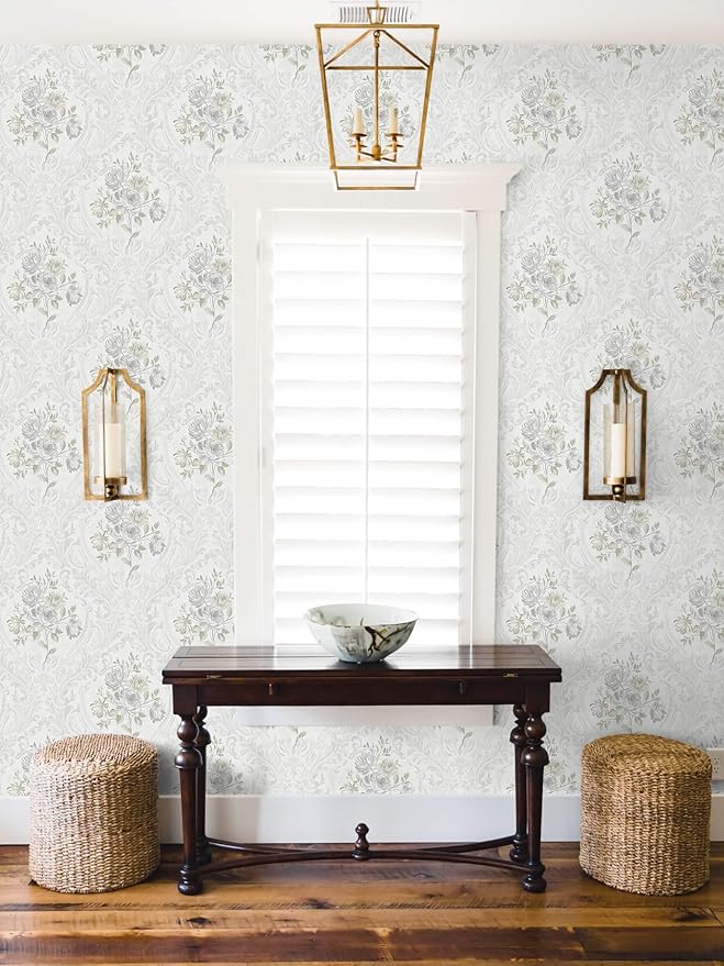 Ismoon Floral Peel and Stick Wallpaper Vintage White and Grey Contact Paper Boho Watercolor Damask Wallpaper Textured Removable Self Adhesive Vinyl Wall Paper for Bedroom, 17.3 in X 6.5 ft